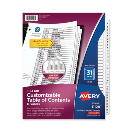 Avery Dennison Avery, CUSTOMIZABLE TOC READY INDEX BLACK AND WHITE DIVIDERS, 31-TAB, LETTER 11128